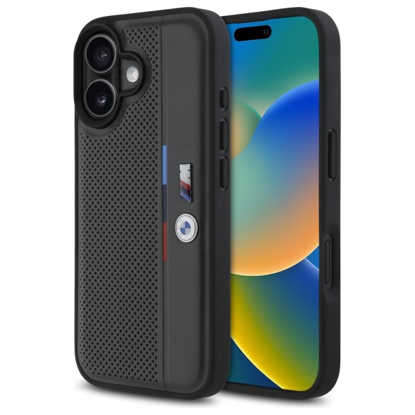BMW M Perforated Tricolor Detail Line Suojakuori iPhone 16:lle - tummanharmaa