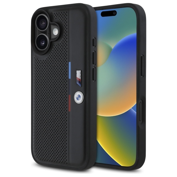 BMW M Perforated Tricolor Detail Line Suojakuori iPhone 16:lle - musta