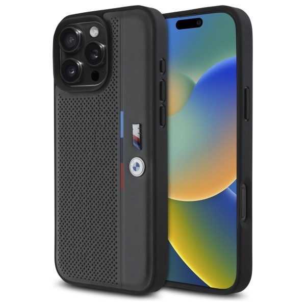 BMW M Perforated Tricolor Detail Line Suojakuori iPhone 16 Pro Max:lle - tummanharmonaa