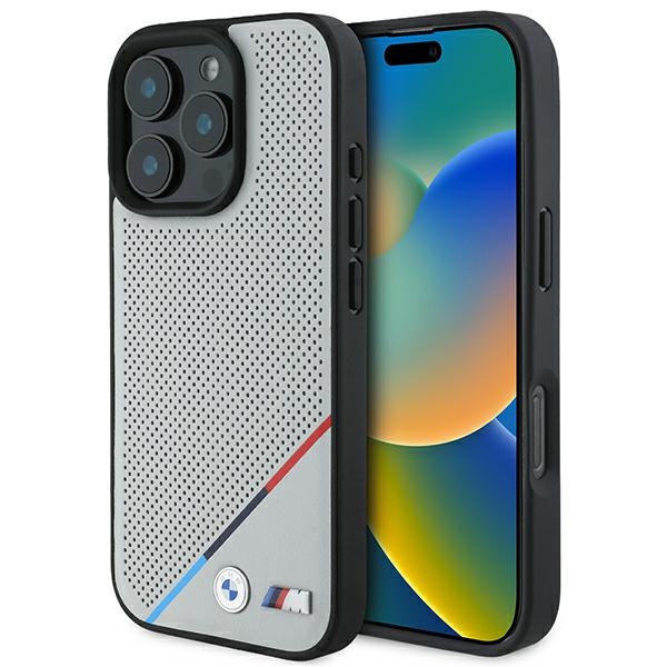 BMW M Perforated Tricolor Line MagSafe Suojakuori iPhone 16 Pro:lle - harmaa