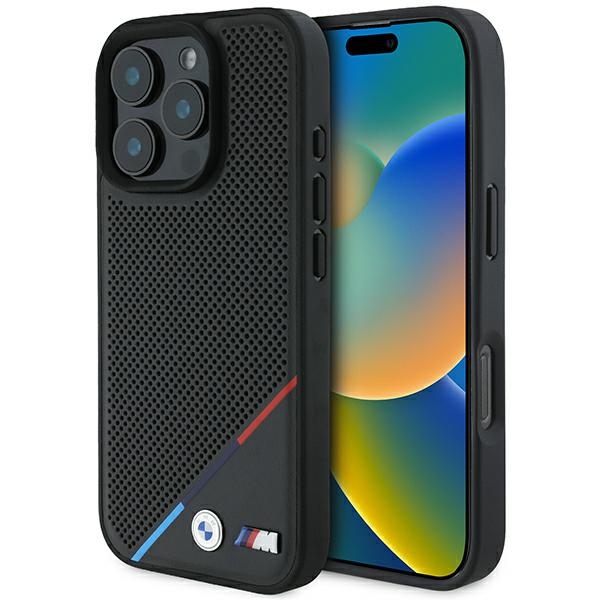 BMW M Perforated Tricolor Line MagSafe Suojakuori iPhone 16 Pro:lle - musta