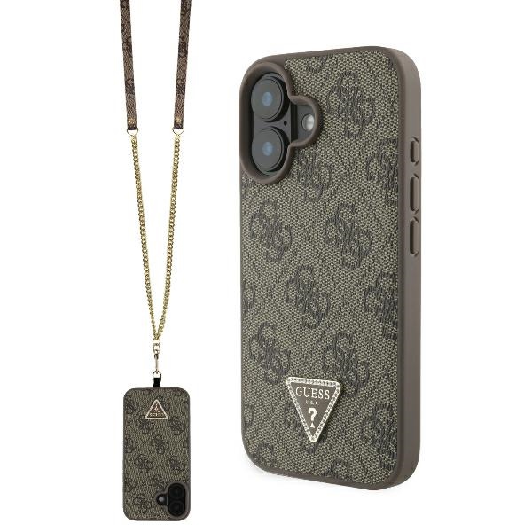 Guess Leather Metal Logo Strass Crossbody Suojakuori iPhone 16:lle - ruskea
