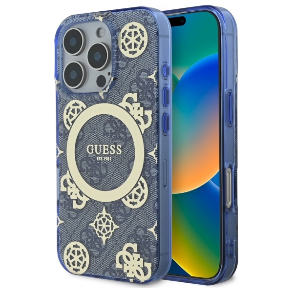 Guess IML Peony On 4G Background MagSafe Suojakuori iPhone 16 Pro:lle - sininen