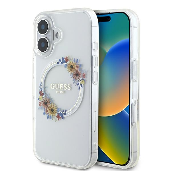 Guess IML Flowers Wreath MagSafe Suojakuori iPhone 16 Plus:lle - läpinäkyvä
