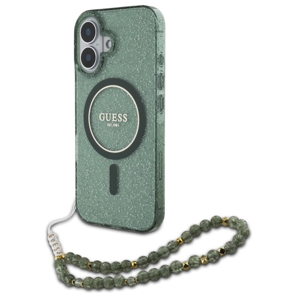 Guess IML Glitter With Pearl Hihna MagSafe Suojakuori iPhone 16 Plus:lle - vihreä