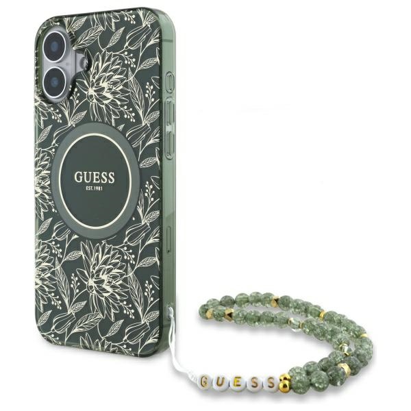 Guess IML Flowers Allover Electro With Pearl Hihna MagSafe Suojakuori iPhone 16:lle - vihreä