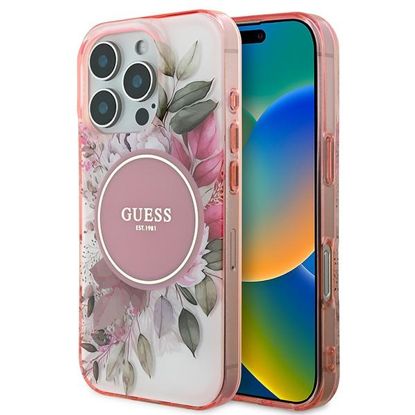 Guess IML Flower ja Tonal Circle MagSafe iPhone 16 Pro Max Suojakuori - Vaaleanpunainen
