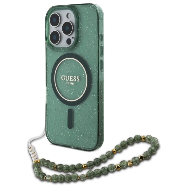 Guess IML Glitter With Pearl Strap MagSafe Suojakuori iPhone 16 Pro Max:lle - Vihreä