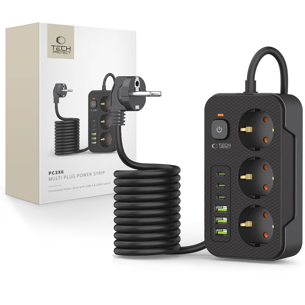 Tech-Protect PC3X6 Virtariba 3 Pistoketta 240V + 3xUSB-A + 3xUSB-C 200cm Musta