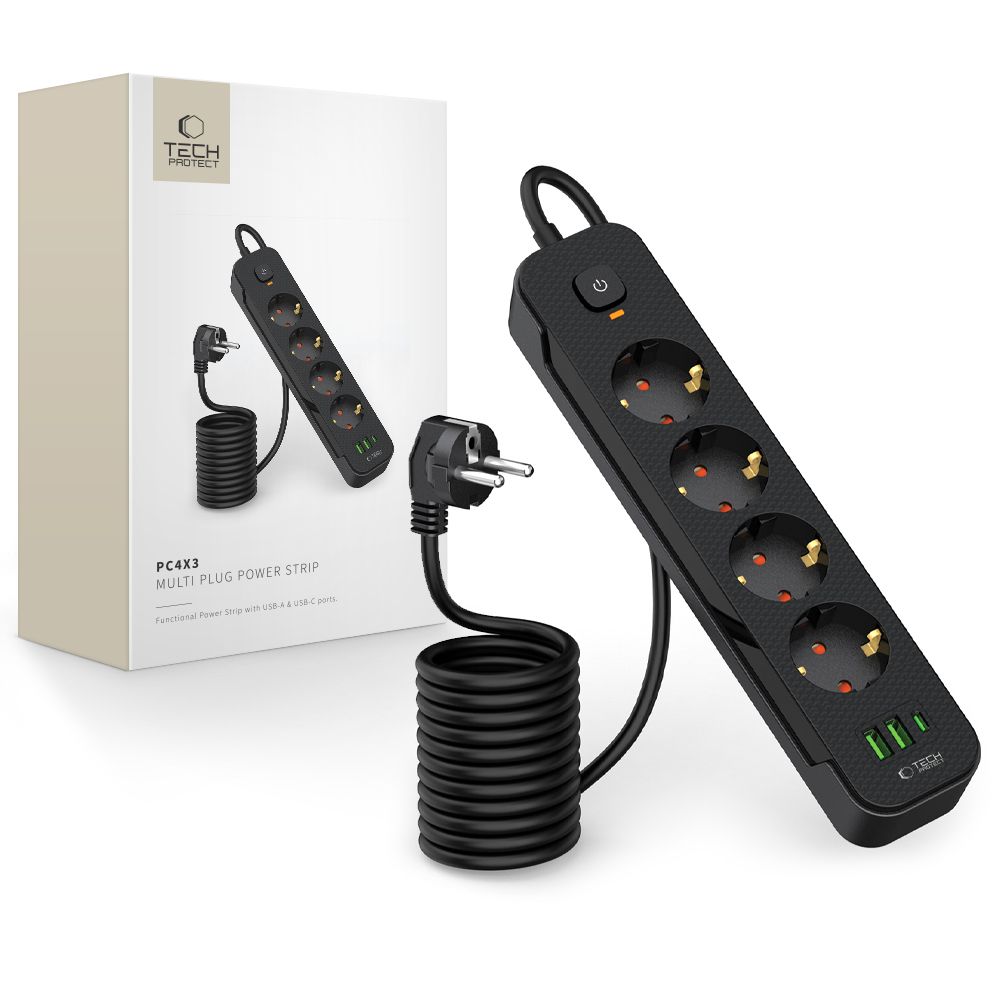 Tech-Protect PCL4X3 Jatkojohto 4 Pistoketta 240V + 2xUSB-A + 1xUSB-C 200cm Musta