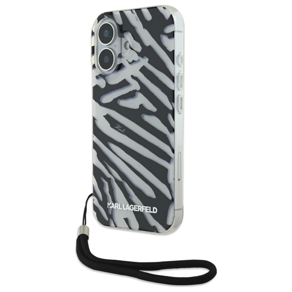 Karl Lagerfeld IML Zebra Pattern ja Cord iPhone 16 Suojakuori - Musta