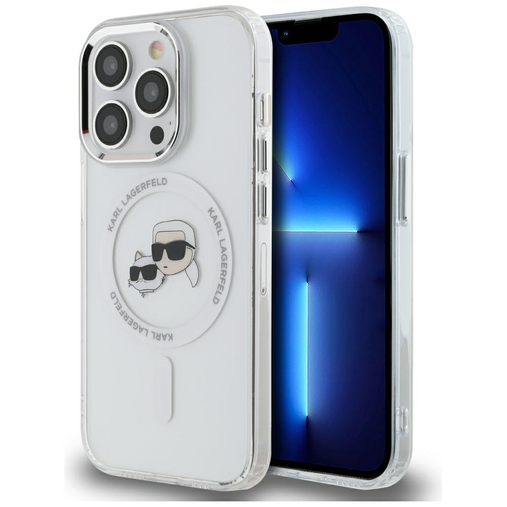 Karl Lagerfeld IML Metal Karl ja Choupette Head MagSafe iPhone 14 Pro Suojakuori - Valkoinen