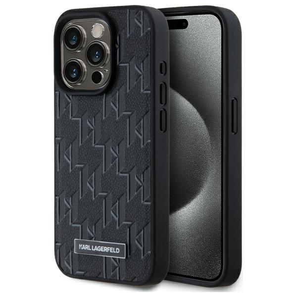 Karl Lagerfeld Leather Monogram Metal Logo MagSafe iPhone 15 Pro Suojakuori - Musta