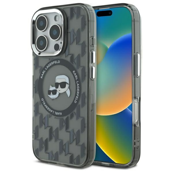 Karl Lagerfeld IML Monogram Karl ja Choupette Head MagSafe iPhone 16 Pro Suojakuori - Musta