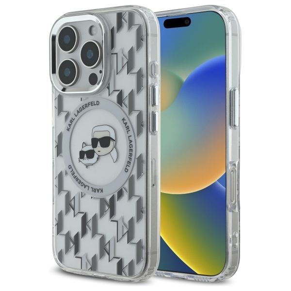 Karl Lagerfeld IML Monogram Karl ja Choupette Head MagSafe iPhone 16 Pro Suojakuori - Kirkas