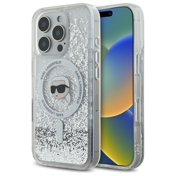 Karl Lagerfeld Suojakuori iPhone 16 Pro 6.3 KLHMP16LLGKISGH Läpinäkyvä Kova Liquid Glitter Karl Head MagSafe