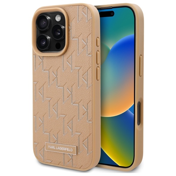 Karl Lagerfeld Suojakuori iPhone 16 Pro 6.3 KLHMP16LPKHPORPE Beige Kova Nahkainen Monogram Metal Logo MagSafe