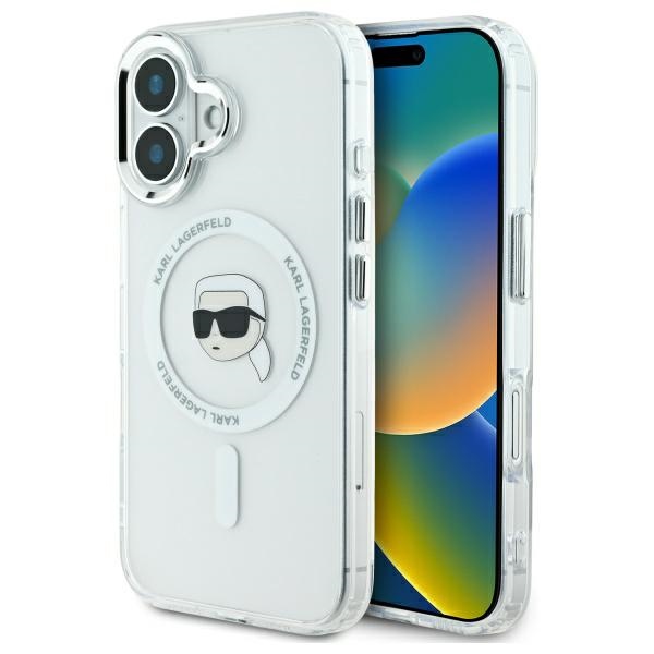 Karl Lagerfeld IML Metal Karl Head MagSafe Suojakuori iPhone 16 Plus:lle - Valkoinen