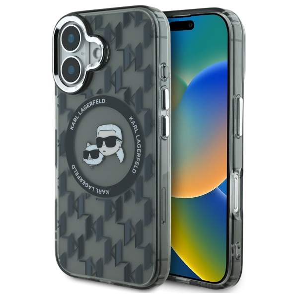 Karl Lagerfeld IML Monogram Karl ja Choupette Head MagSafe iPhone 16 Suojakuori - Musta