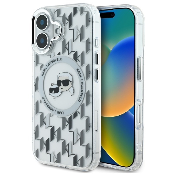 Karl Lagerfeld IML Monogram Karl ja Choupette Head MagSafe iPhone 16 Suojakuori - Kirkas