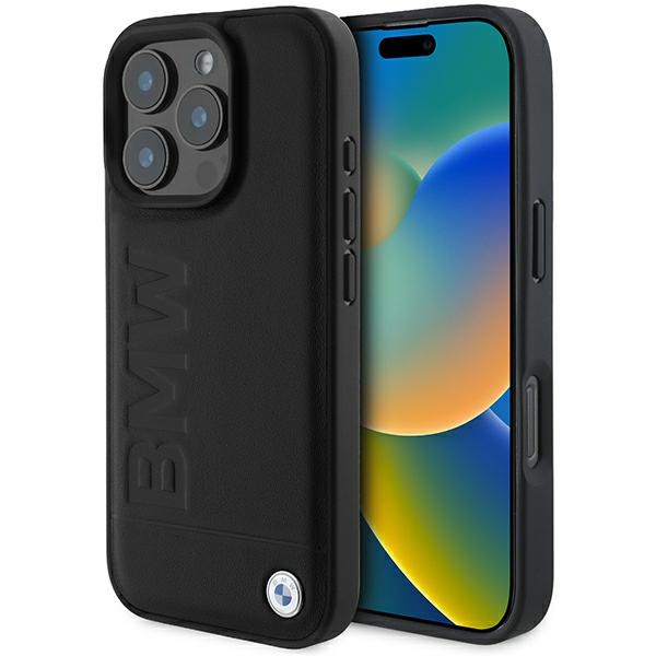 BMW Leather Hot Stamp iPhone 16 Pro Max Suojakuori - Musta