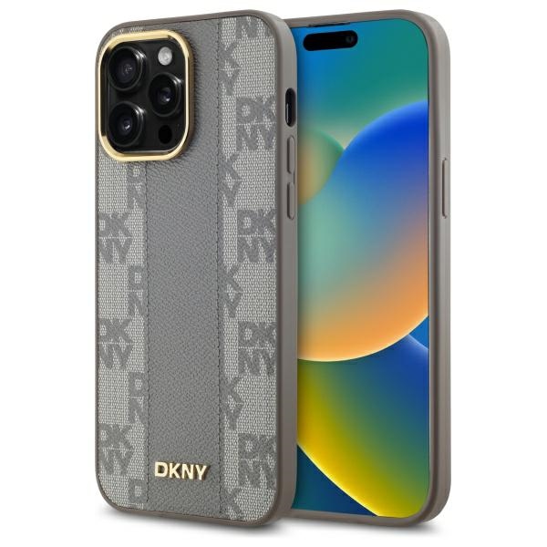 DKNY Nahkainen Checkered Mono Pattern MagSafe iPhone 14 Pro Max:lle Suojakuori - Beige