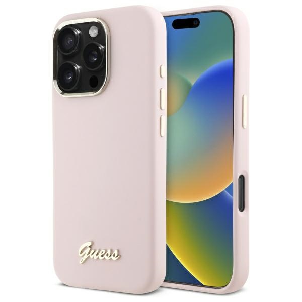 Guess Silikoninen Script Metal Logo & Frame Suojakuori iPhone 16 Pro Max:lle - Vaaleanpunainen