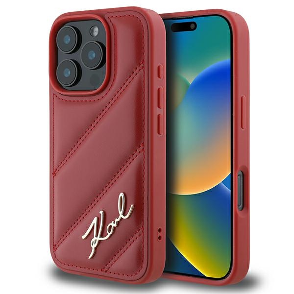 Karl Lagerfeld Quilted Signature Suojakuori iPhone 16 Pro:lle - Punainen