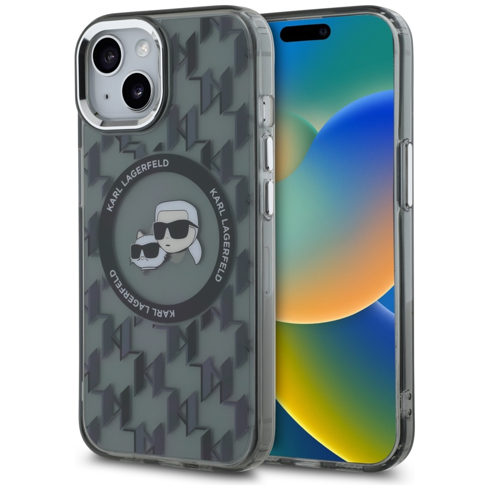 Karl Lagerfeld IML Monogram Karl & Choupette Head MagSafe Suojakuori iPhone 15 Plus:lle - Musta