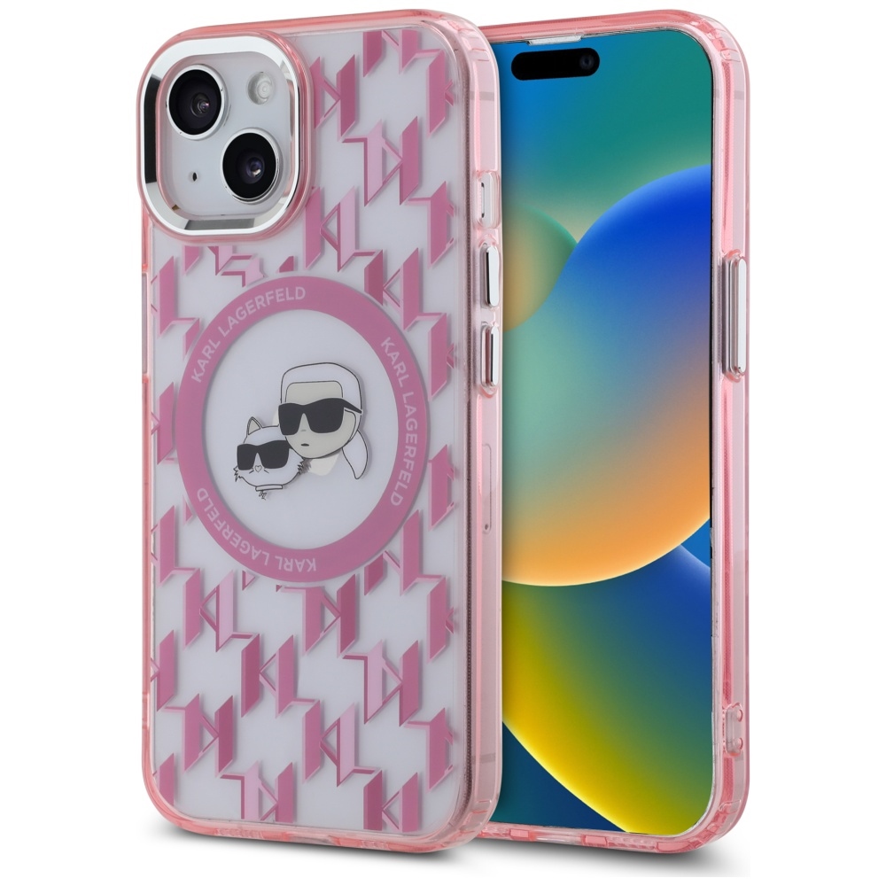 Karl Lagerfeld IML Monogram Karl & Choupette Head MagSafe Suojakuori iPhone 15 Plus:lle - Vaaleanpunainen