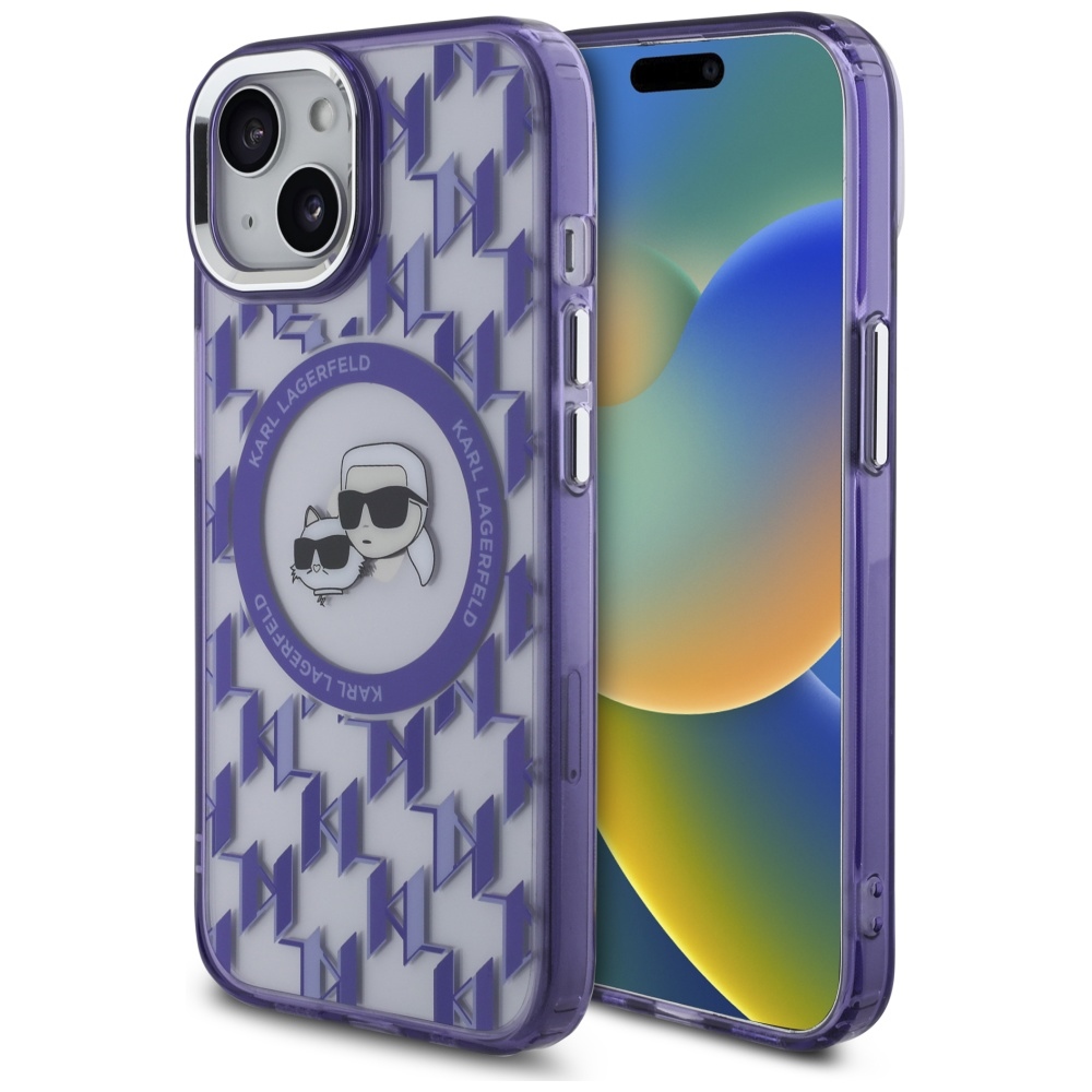 Karl Lagerfeld IML Monogram Karl & Choupette Head MagSafe Suojakuori iPhone 15:lle - Violetti