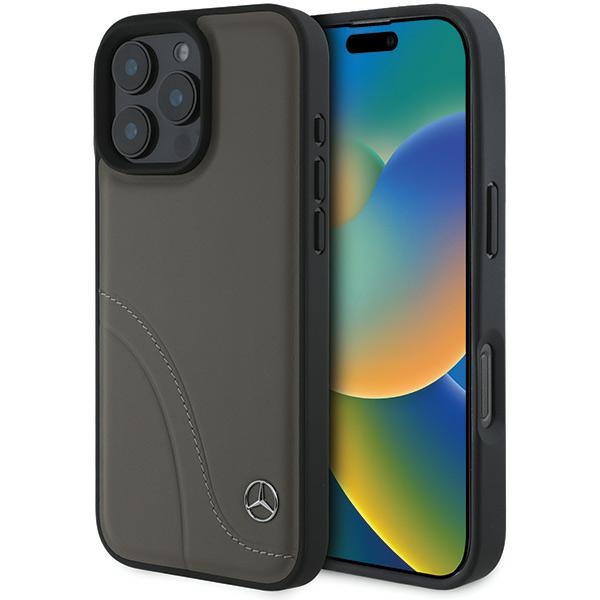 Mercedes MB Curved Stitches Nahkainen Suojakuori iPhone 16 Pro Max:lle - Ruskea