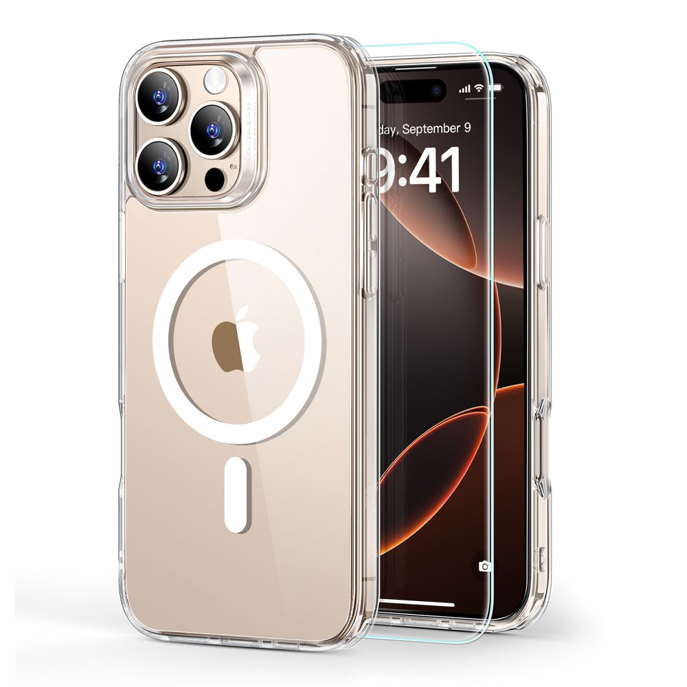 ESR Classic Hybrid Halolock MagSafe Suojakuori + Karkaistu lasi iPhone 16 Pro Max:lle - Läpinäkyvä