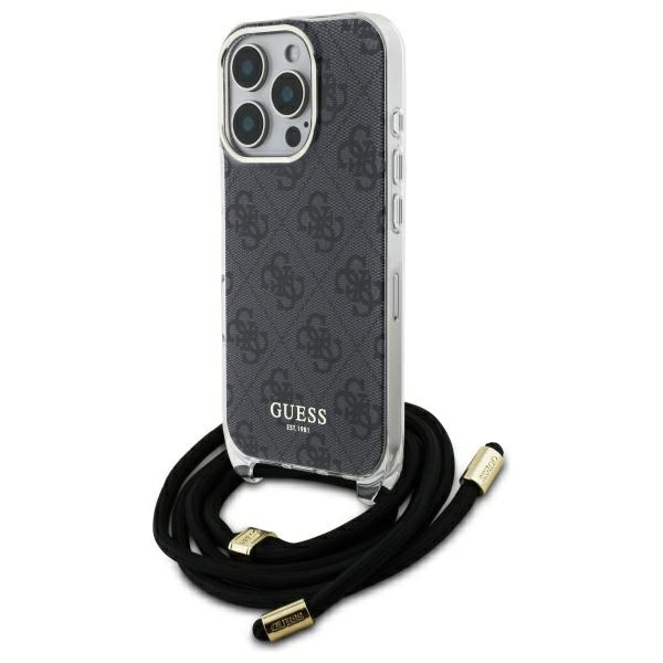 Guess Crossbody Cord 4G Print Suojakuori kaulanauhasolmulla iPhone 16 Pro:lle - Musta