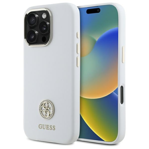 Guess Silikoninen Logo Strass 4G Suojakuori iPhone 16 Pro:lle - Valkoinen