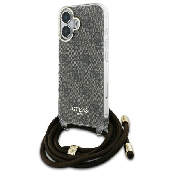 Guess Crossbody Cord 4G Print Suojakuori hihnalenkkillä iPhone 16:lle - ruskea