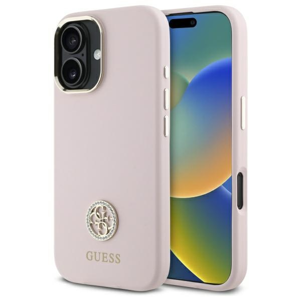Guess Silicone Logo Strass 4G Silikoninen Suojakuori iPhone 16:lle - vaalea vaaleanpunainen