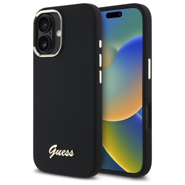 Guess Silicone Script Metal Logo & Frame Case for iPhone 16 - Black