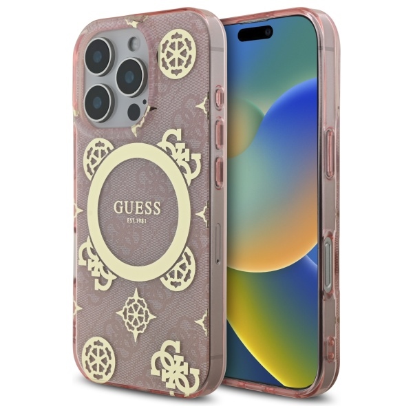 Guess IML Peony On 4G Background MagSafe Suojakuori iPhone 16 Pro:lle - vaaleanpunainen