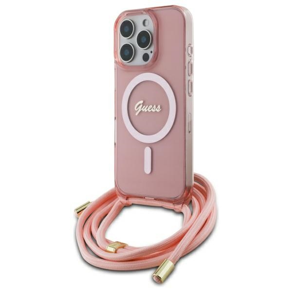 Guess Crossbody Cord Script MagSafe Suojakuori iPhone 16 Pro:lle - vaaleanpunainen