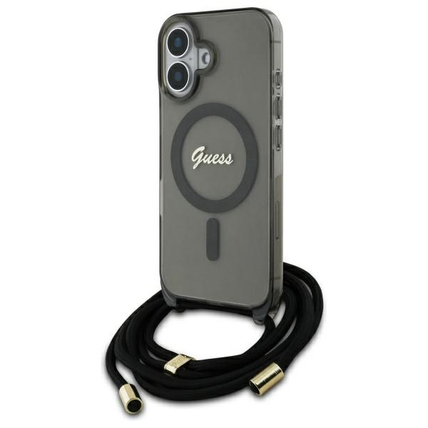 Guess Crossbody Cord Script MagSafe Suojakuori iPhone 16:lle - musta