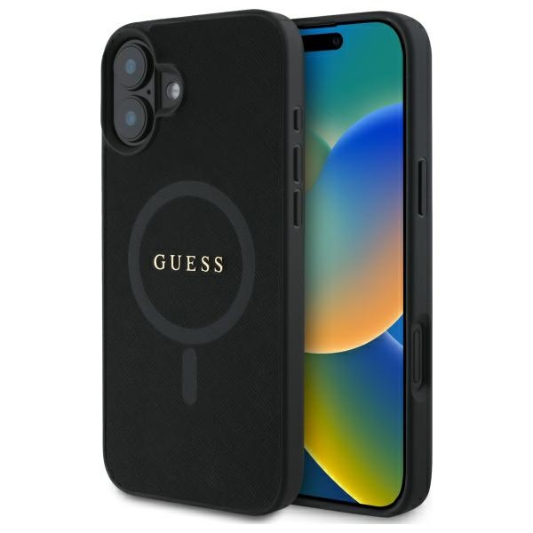 Guess Saffiano Classic Logo MagSafe Suojakuori iPhone 16:lle - musta