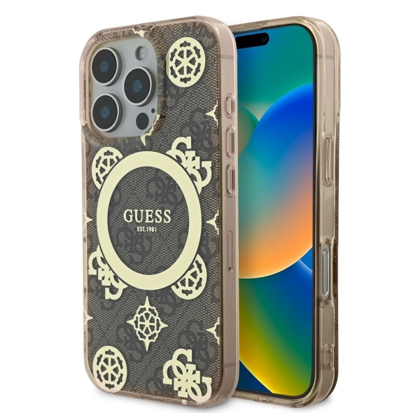 Guess IML Peony On 4G Background MagSafe Suojakuori iPhone 16 Pro Max:lle - ruskea