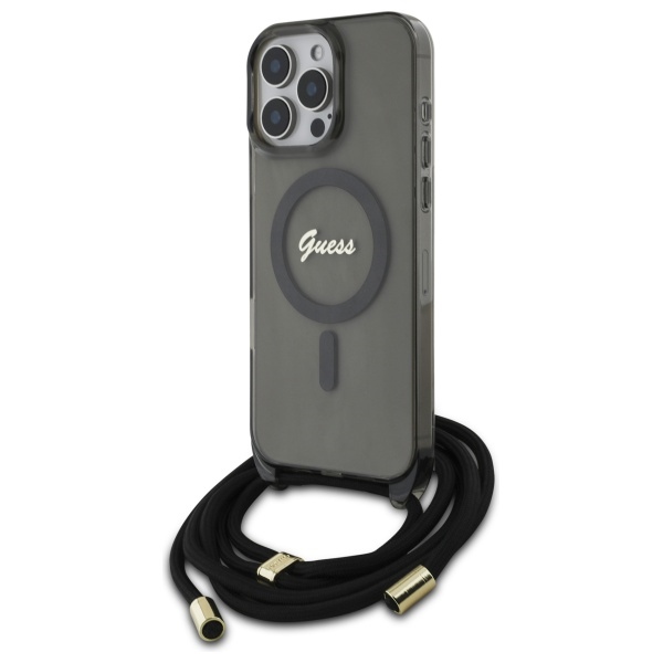 Guess Crossbody Cord Script MagSafe Suojakuori iPhone 16 Pro Max:lle - musta