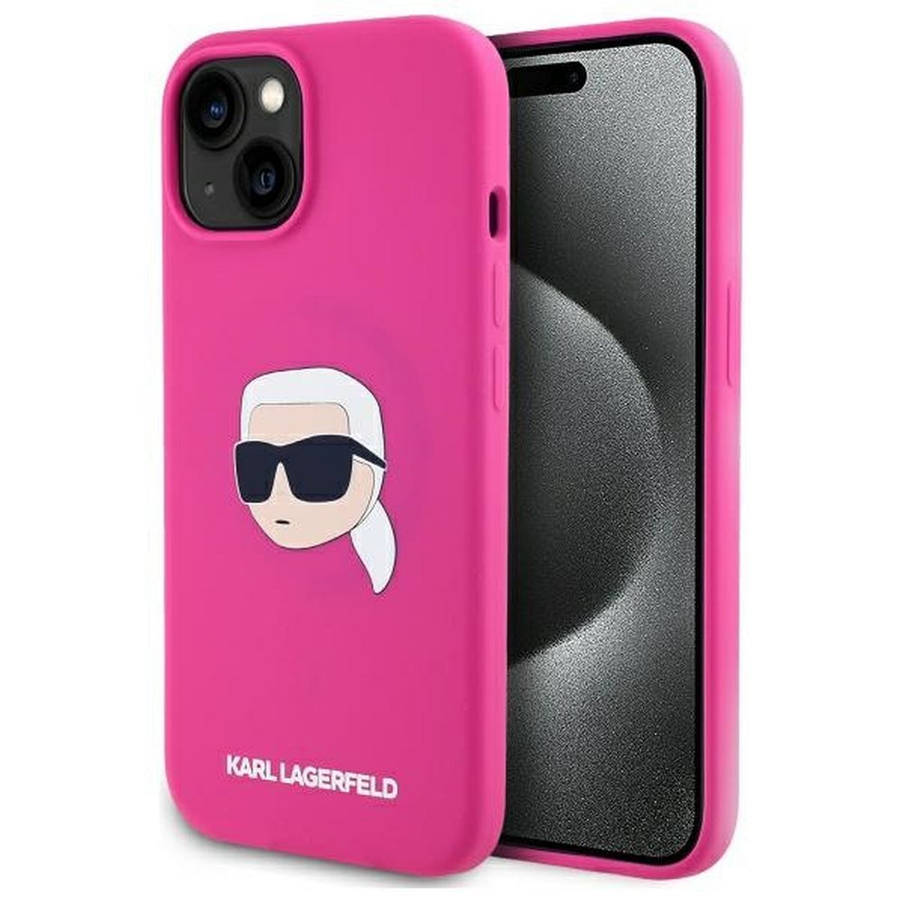 Karl Lagerfeld Suojakuori iPhone 15:lle yhteensopiva MagSafen kanssa KLHMP15SSKHPPLF (SIL KL Head Print) fuksia