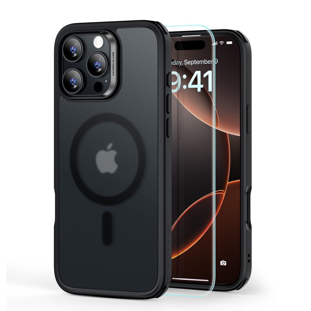 ESR Classic Hybrid Halolock MagSafe Suojakuori-setti + Karkaistu lasi iPhone 16 Pro Max:lle - puoliläpinäkyvä mustalla kehyksellä