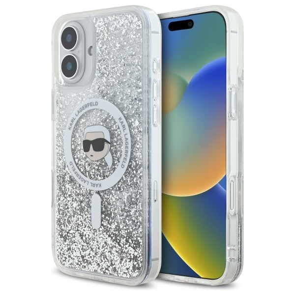 Karl Lagerfeld Liquid Glitter Karl Head MagSafe Suojakuori iPhone 16:lle - läpinäkyvä