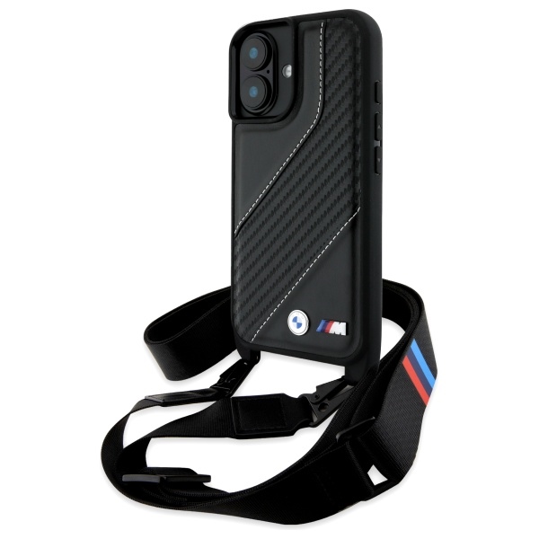 BMW M Edition Carbon Stripe & hihna suojakuori iPhone 16:lle - musta