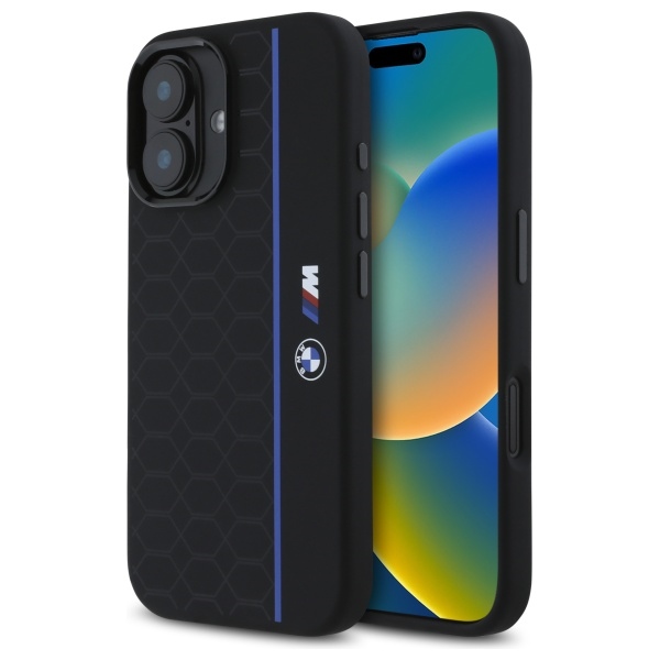BMW Silikoninen Hexagon Blue Line MagSafe suojakuori iPhone 16:lle - musta