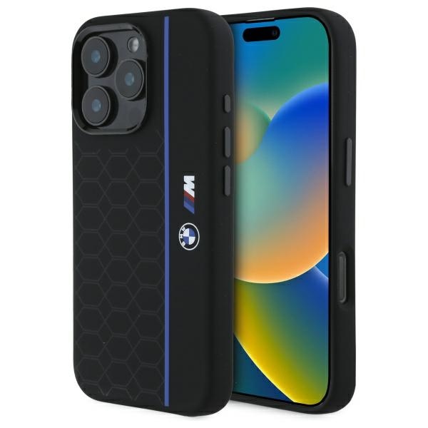 BMW Silikoninen Hexagon Blue Line MagSafe suojakuori iPhone 16 Pro Max:lle - musta